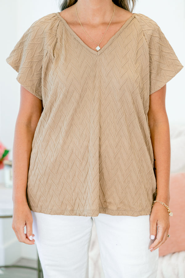 Chic Soul plus size clothing, taupe top with textured fabric and flutter sleeves