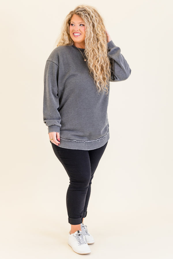 Chic Soul plus size clothing, long-sleeve crewneck charcoal tunic with distressed stitching 