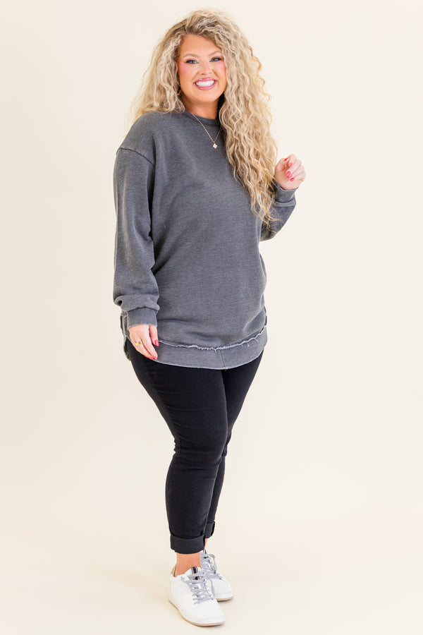 Chic Soul plus size clothing, long-sleeve crewneck charcoal tunic with distressed stitching 