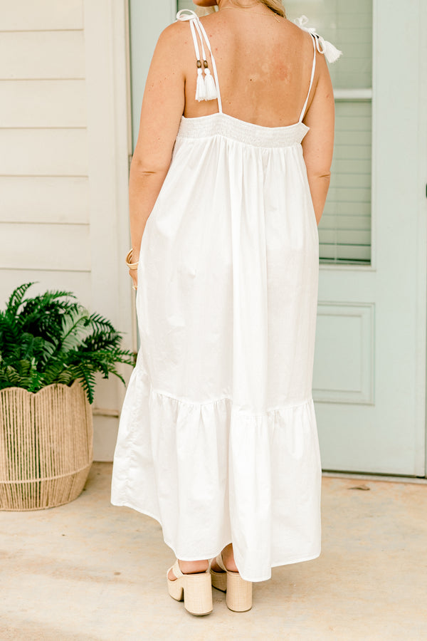 Chic Soul Plus size clothing, white sleeveless midi dress with a scalloped neckline and embroidered fruit details and designs on the chest 