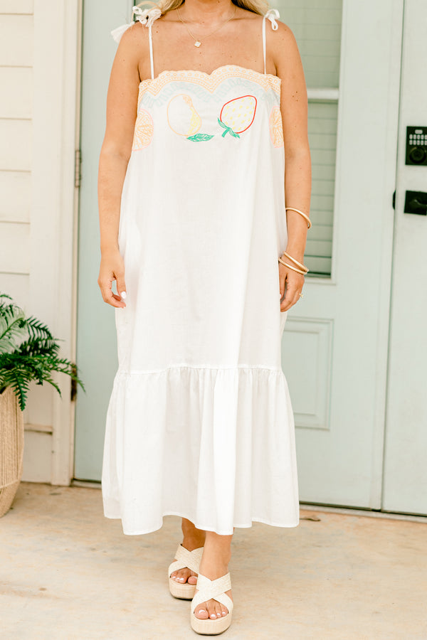 Chic Soul Plus size clothing, white sleeveless midi dress with a scalloped neckline and embroidered fruit details and designs on the chest 