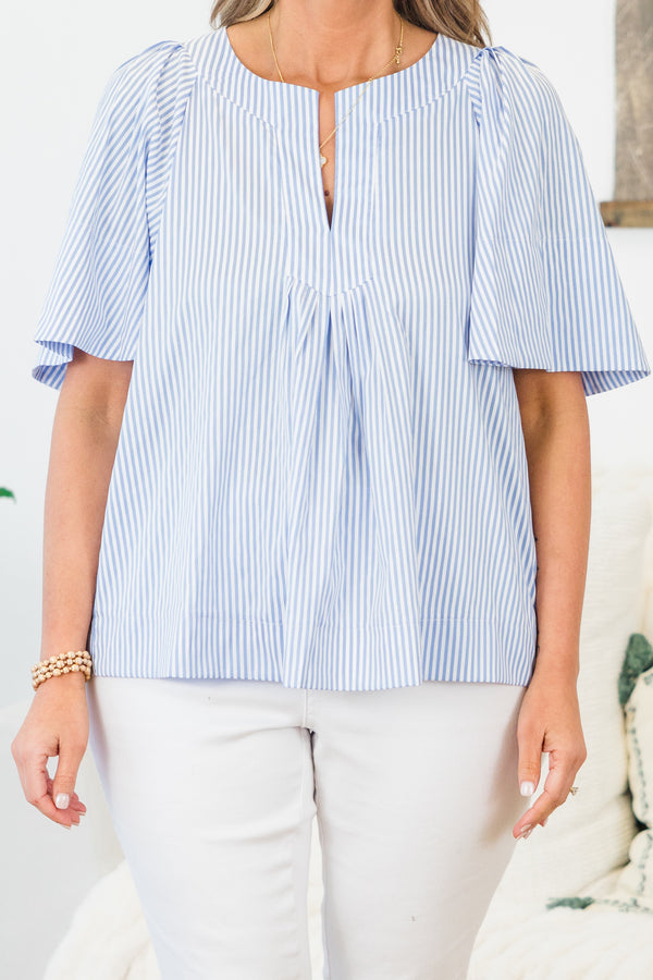 Chic Soul plus size clothing, short-sleeve blue striped top with a split-v-neckline and a flowy cut