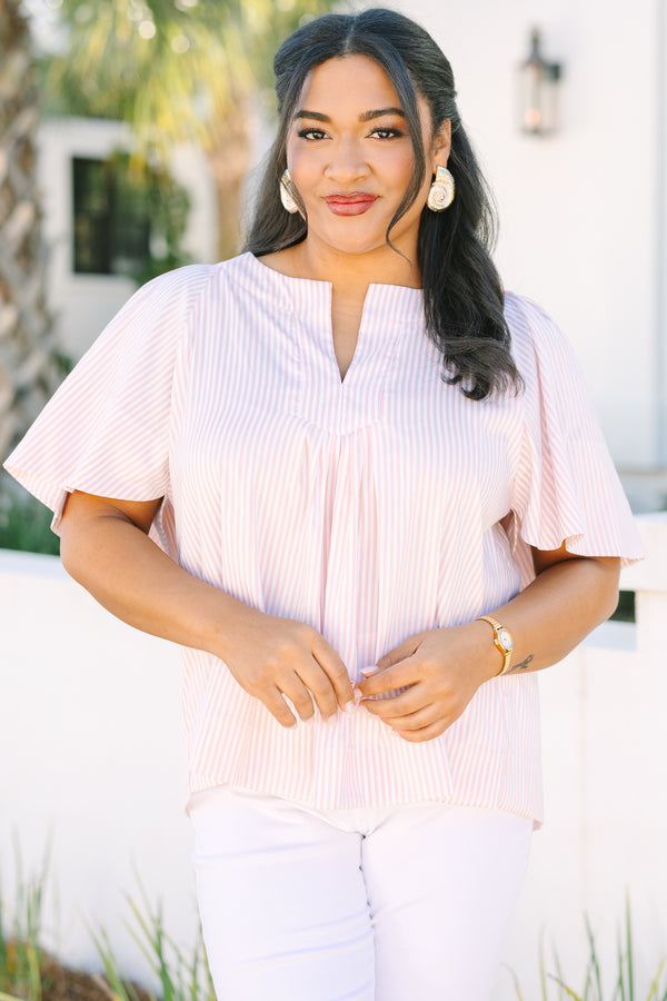 Chic Soul plus size clothing, brown and cream stripe top with bell sleeves a slight v-neckline 
