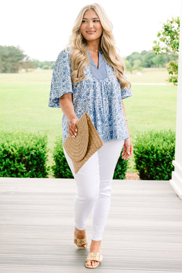 Chic Soul plus size clothing, light denim blue abstract floral half-flutter sleeve casual top with solid denim blue blocking around slit neckline