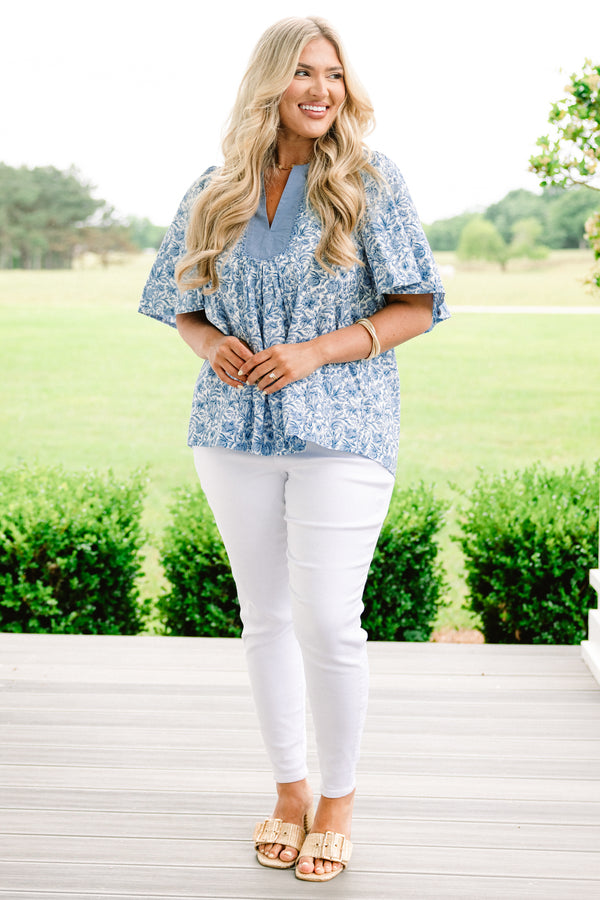 Chic Soul plus size clothing, light denim blue abstract floral half-flutter sleeve casual top with solid denim blue blocking around slit neckline
