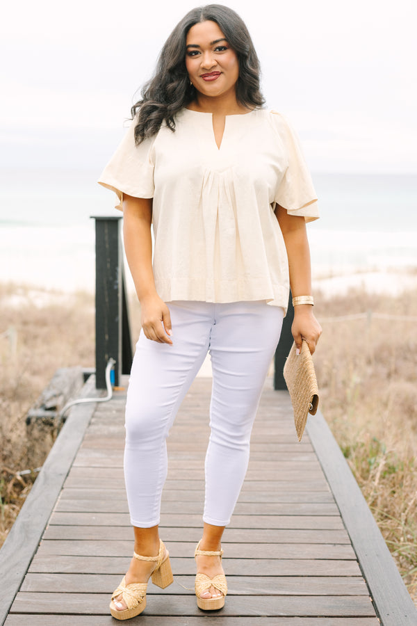 Chic Soul plus size clothing, light tan short bell sleeve top with v neckline cutout