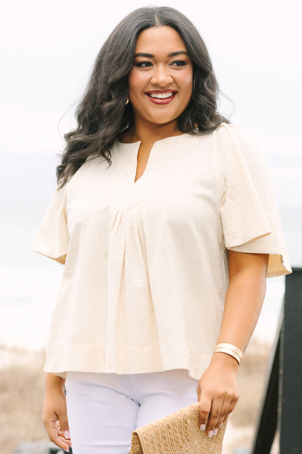 Chic Soul plus size clothing, light tan short bell sleeve top with v neckline cutout