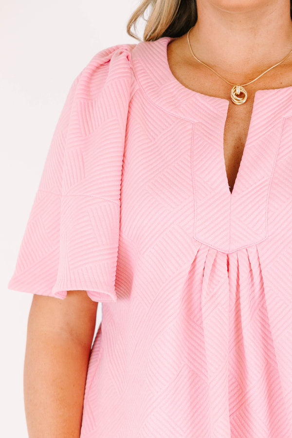 Chic Soul plus size clothing, short-sleeve pink textured top with a split-v-neckline and subtle smocking on the bodice 