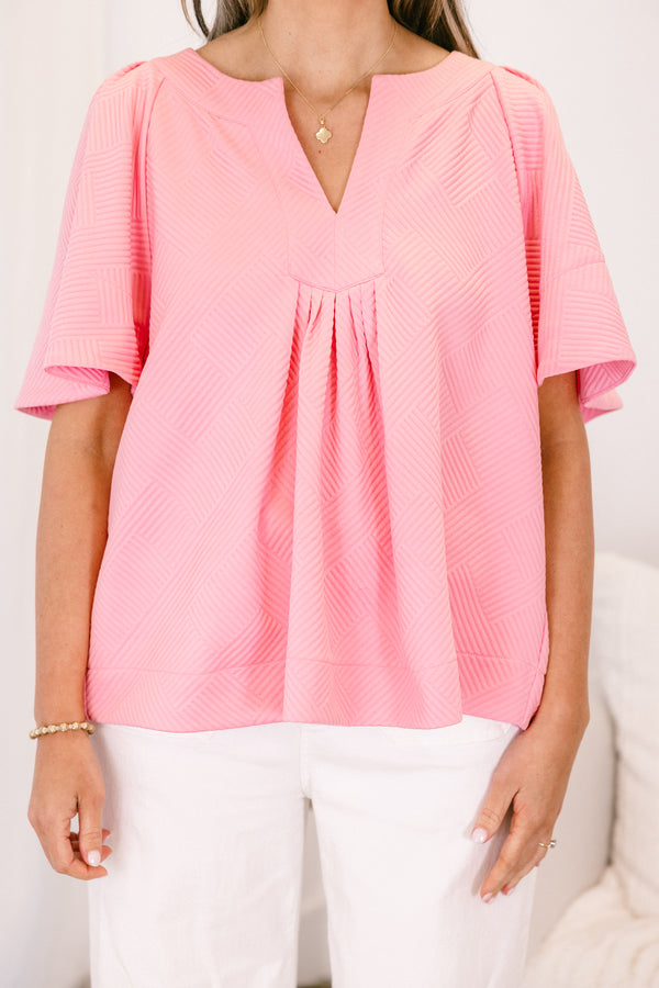 Chic Soul plus size clothing, short-sleeve pink textured top with a split-v-neckline and subtle smocking on the bodice 