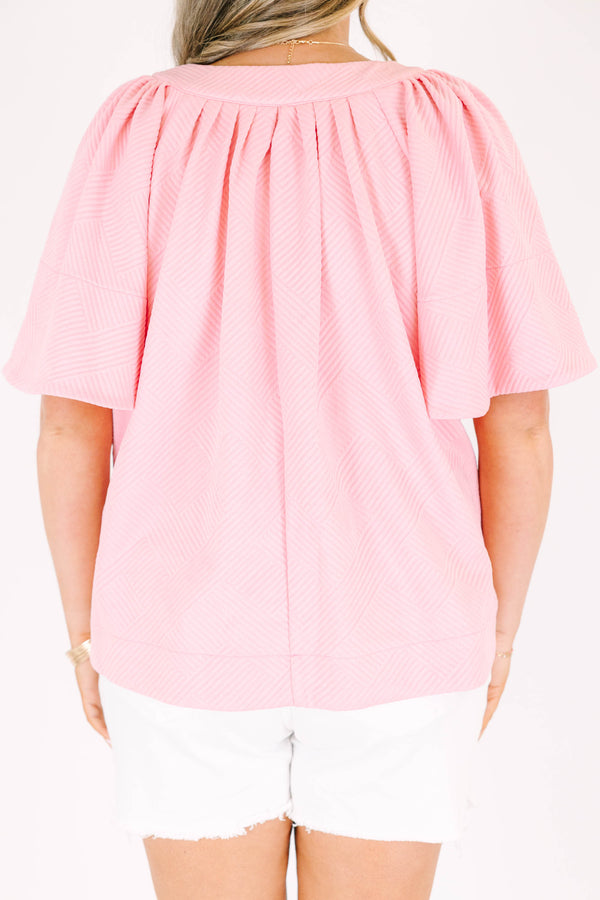 Chic Soul plus size clothing, short-sleeve pink textured top with a split-v-neckline and subtle smocking on the bodice 