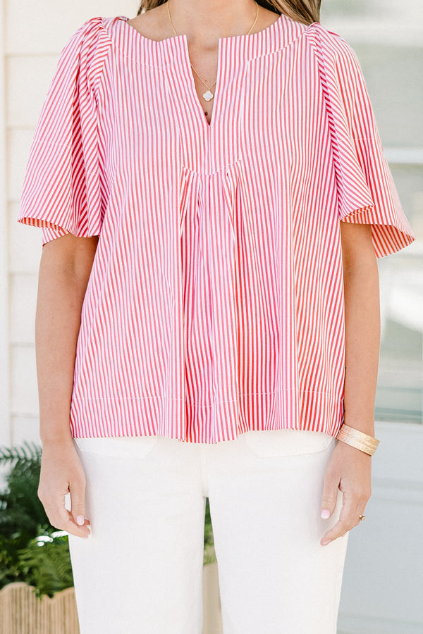Chic Soul plus size clothing, short-sleeve red stripe top with a split-v-neckline and a subtle cinching on the waistline with a red and white pinstriped pattern