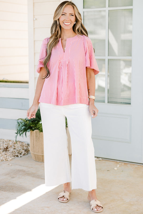 Chic Soul plus size clothing, short-sleeve red stripe top with a split-v-neckline and a subtle cinching on the waistline with a red and white pinstriped pattern