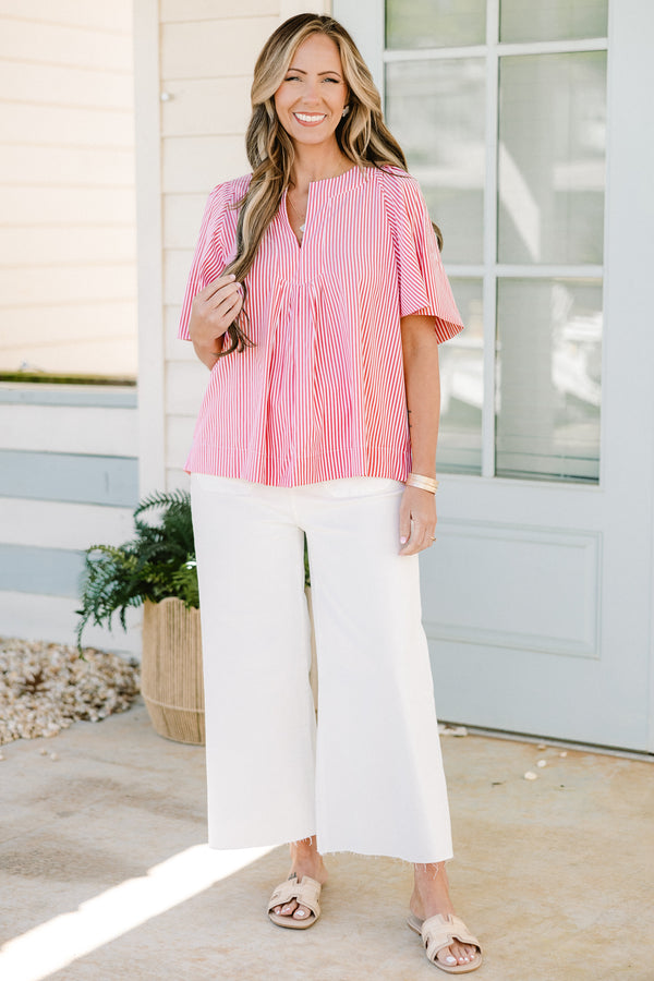 Chic Soul plus size clothing, short-sleeve red stripe top with a split-v-neckline and a subtle cinching on the waistline with a red and white pinstriped pattern