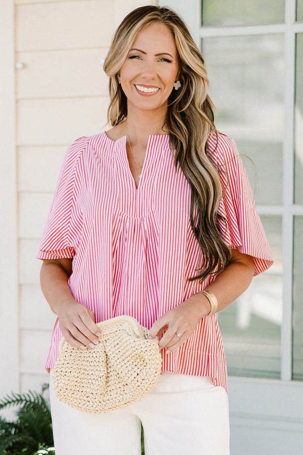 Chic Soul plus size clothing, short-sleeve red stripe top with a split-v-neckline and a subtle cinching on the waistline with a red and white pinstriped pattern