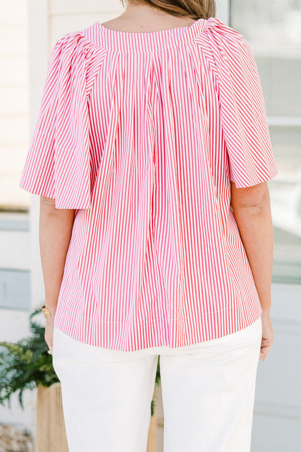 Chic Soul plus size clothing, short-sleeve red stripe top with a split-v-neckline and a subtle cinching on the waistline with a red and white pinstriped pattern