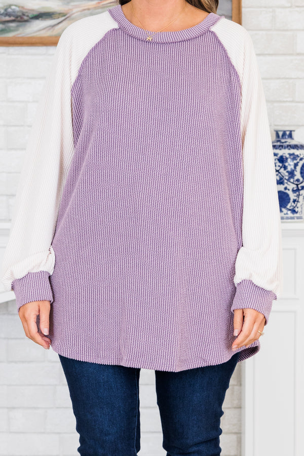 Chic Soul plus size clothing, lavender long sleeve top with white sleeves