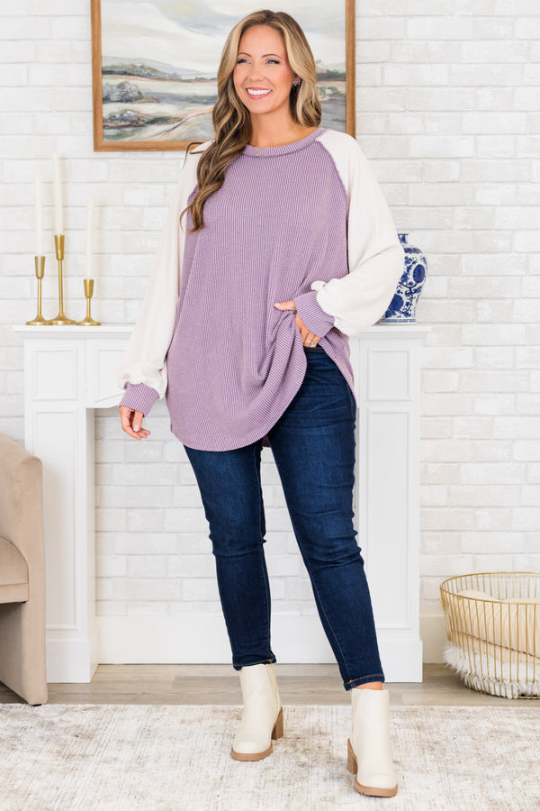 Chic Soul plus size clothing, lavender long sleeve top with white sleeves