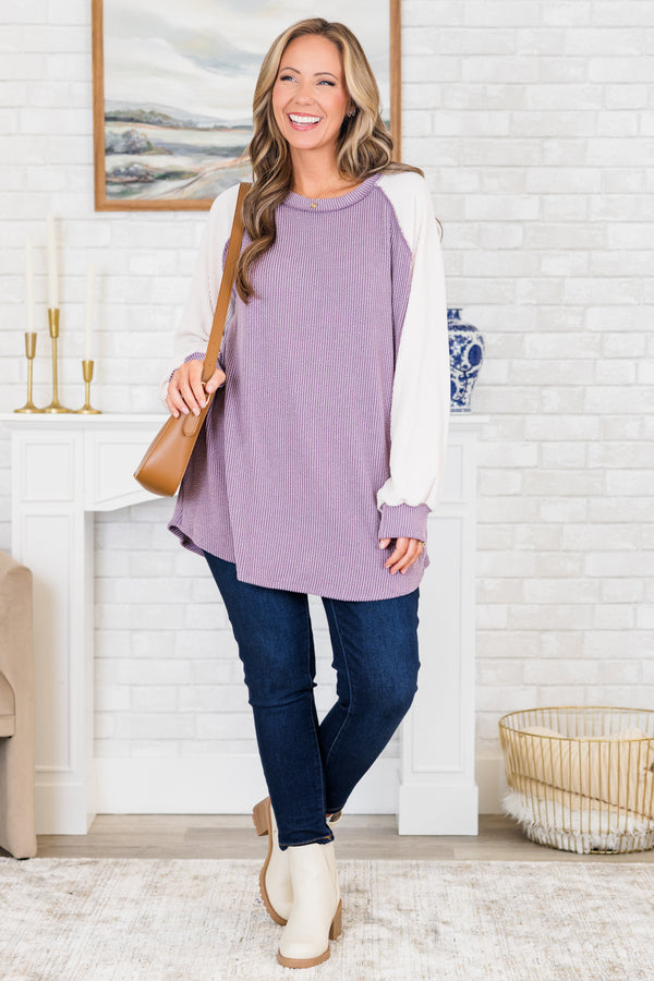 Chic Soul plus size clothing, lavender long sleeve top with white sleeves