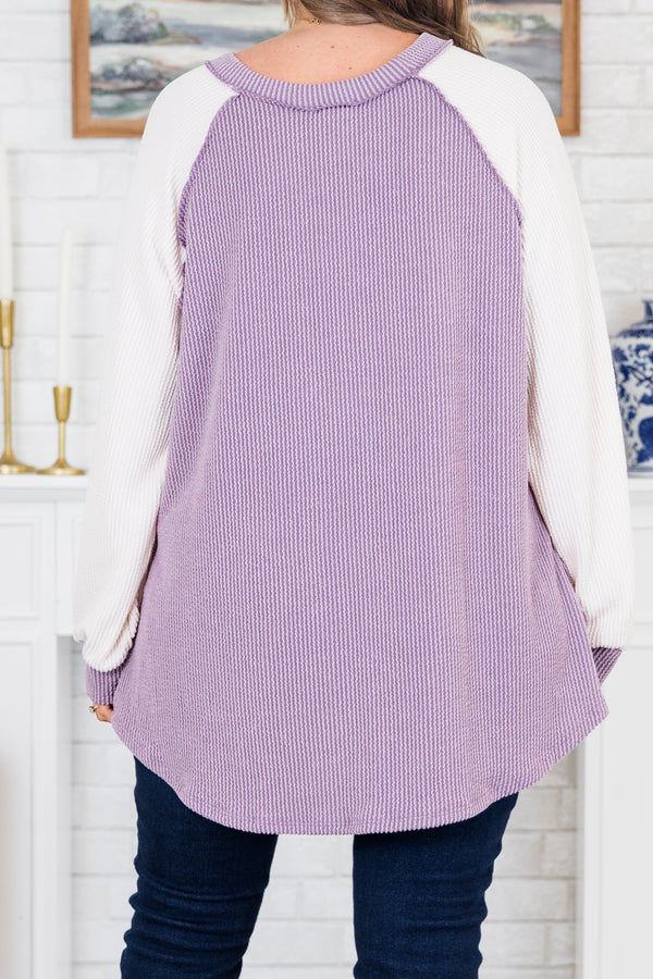 Chic Soul plus size clothing, lavender long sleeve top with white sleeves