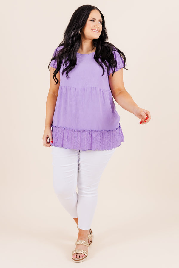 Chic Soul plus size clothing, lilac babydoll top with lace embroidery edges and flutter sleeves