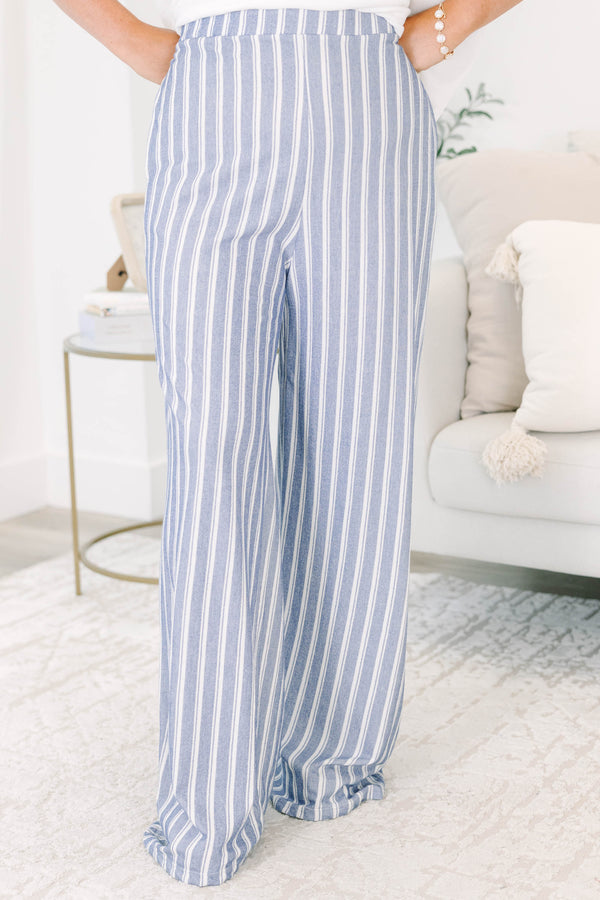 Plus Size blue and off-white vertical striped wide-leg pants with a high-waisted fit.
