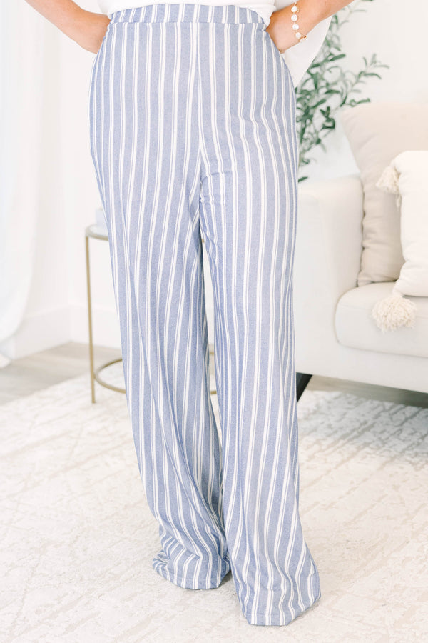 Plus Size blue and off-white vertical striped wide-leg pants with a high-waisted fit.