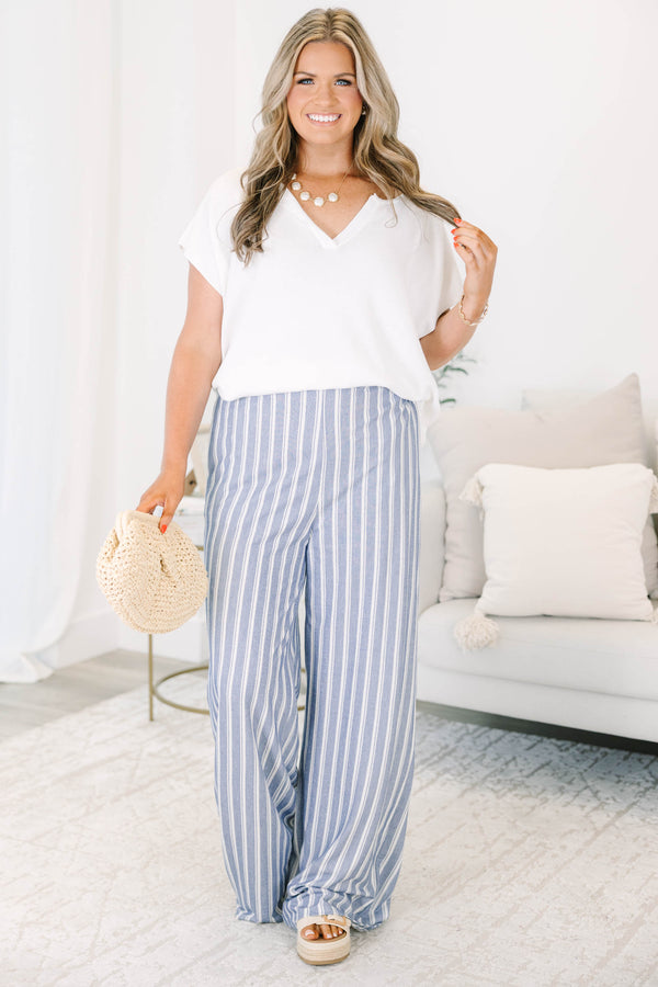 Plus Size blue and off-white vertical striped wide-leg pants with a high-waisted fit.