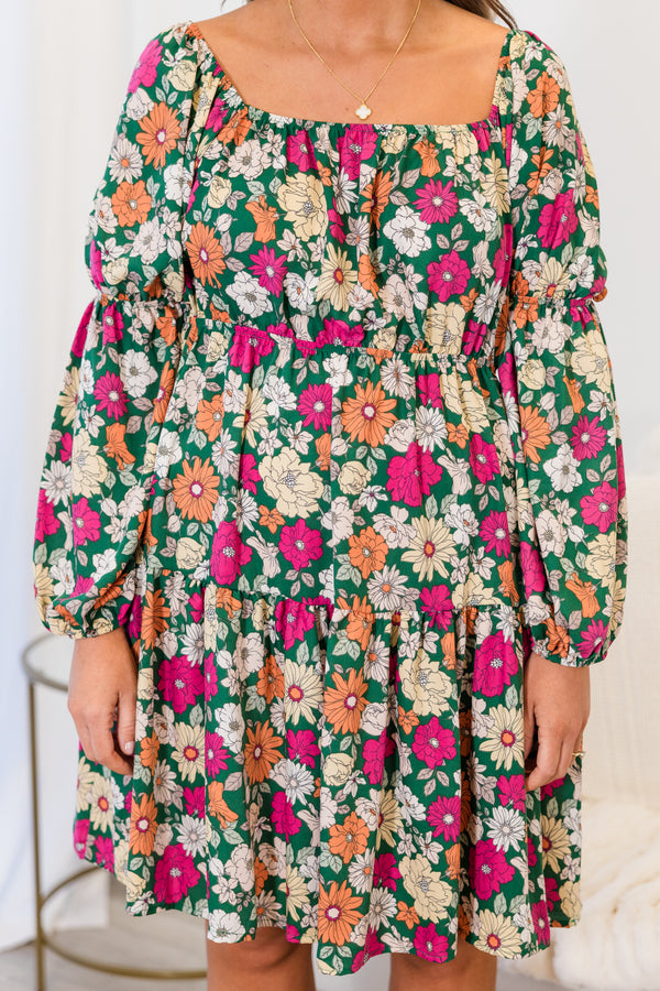 Chic Soul plus size clothing, bubble-long-sleeve green ruffled baby doll dress with square-neckline and orange and pink floral pattern 