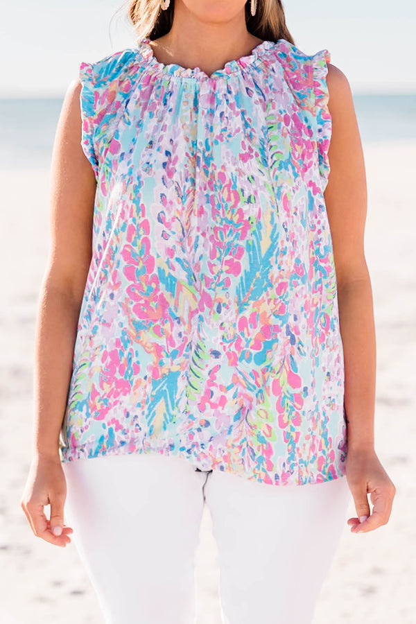 Chic Soul plus size clothing, mint combo tank top with abstract print and ruffle edges