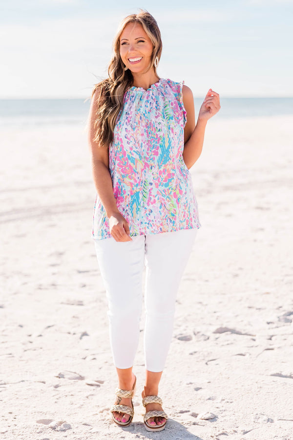 Chic Soul plus size clothing, mint combo tank top with abstract print and ruffle edges