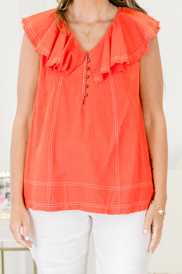 Chic Soul plus size clothing, red sleeveless top with  ruffles across the shoulders and white stitched details 