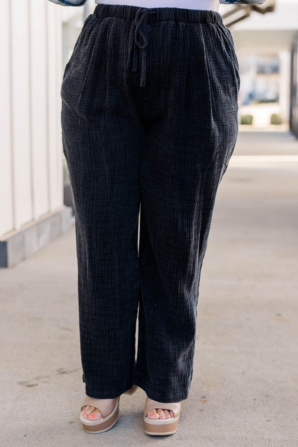 Chic Soul plus size clothing, black linen straight leg pants with pocket and drawstring waist