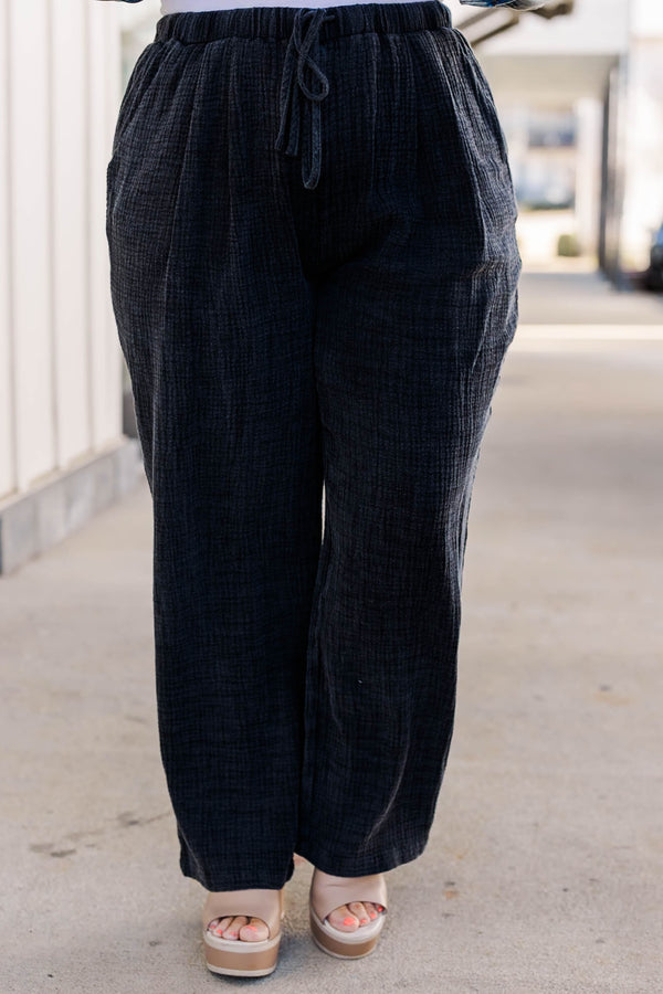 Chic Soul plus size clothing, black linen straight leg pants with pocket and drawstring waist