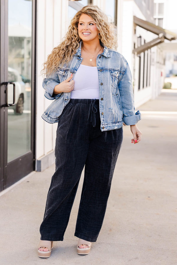 Chic Soul plus size clothing, black linen straight leg pants with pocket and drawstring waist