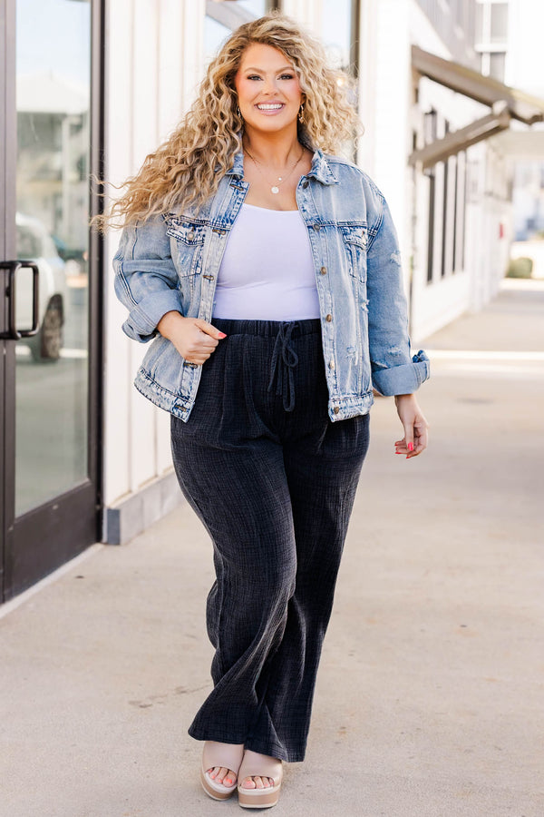 Chic Soul plus size clothing, black linen straight leg pants with pocket and drawstring waist
