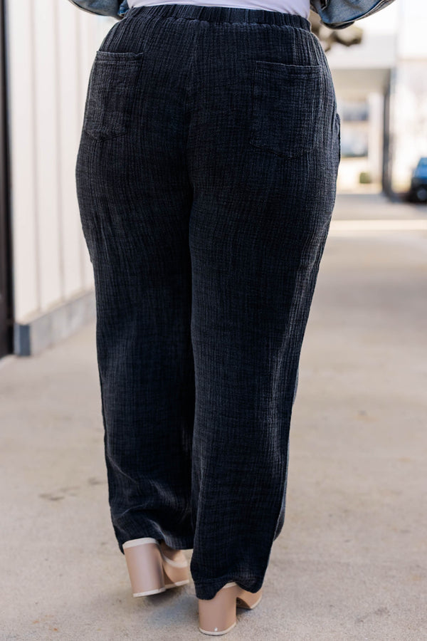 Chic Soul plus size clothing, black linen straight leg pants with pocket and drawstring waist