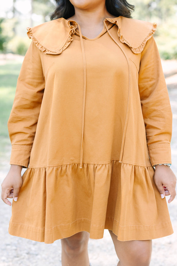Plus Size brown long-sleeved babydoll dress with a ruffled oversized collar and tiered hem.