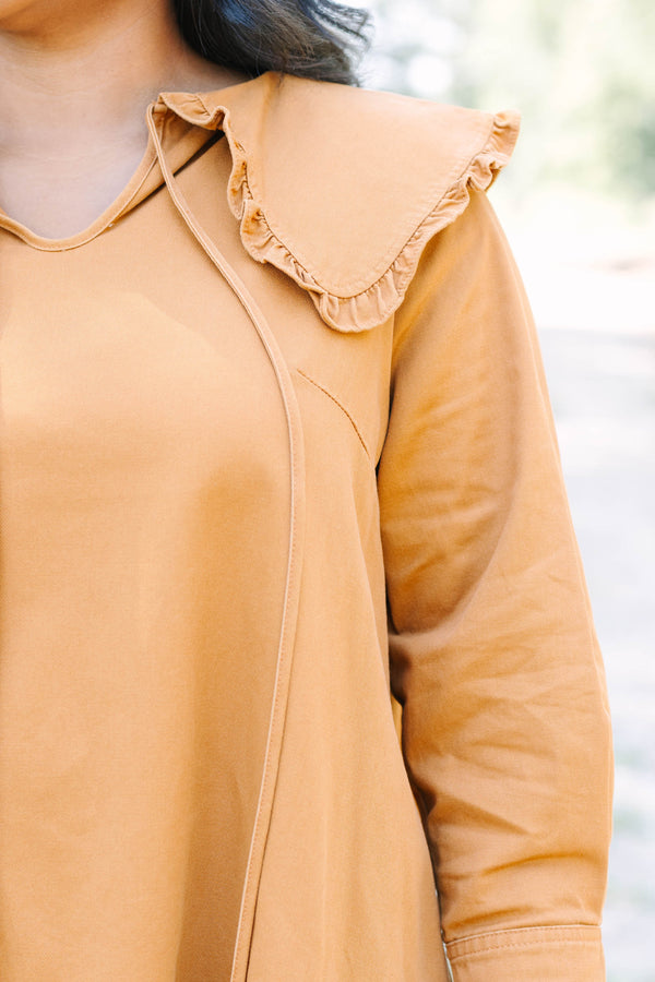 Plus Size brown long-sleeved babydoll dress with a ruffled oversized collar and tiered hem.