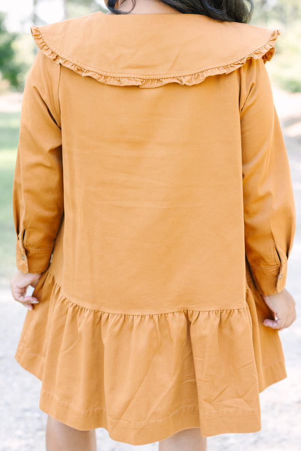Plus Size brown long-sleeved babydoll dress with a ruffled oversized collar and tiered hem.