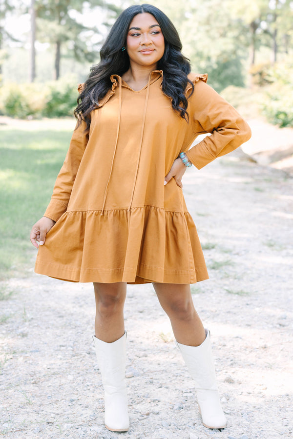 Plus Size brown long-sleeved babydoll dress with a ruffled oversized collar and tiered hem.