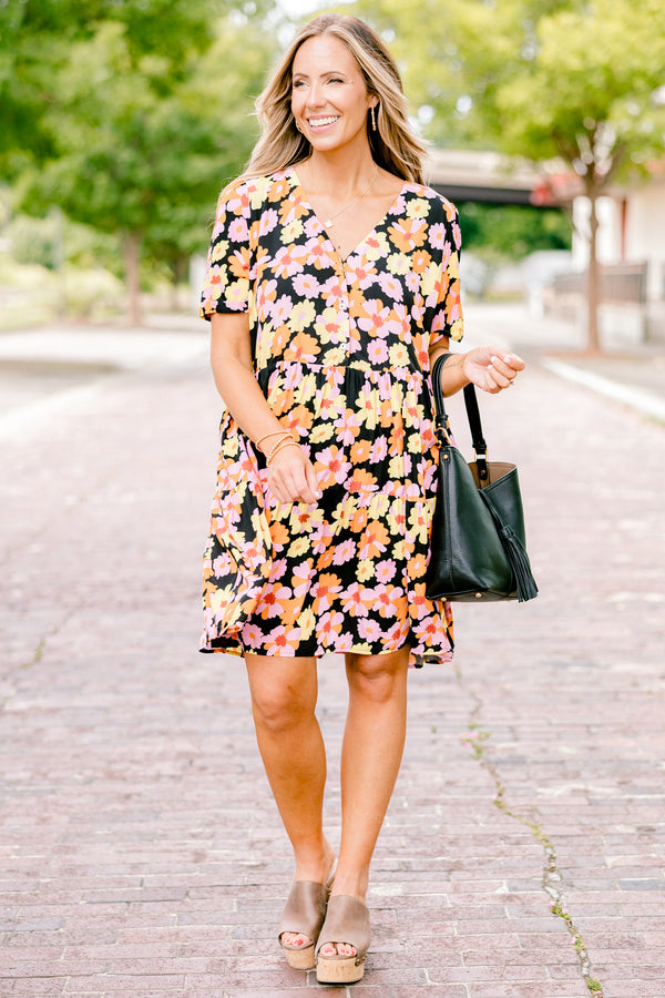 Chic Soul plus size clothing, black short sleeve shallow v-neck partial button-up babydoll dress with orange and pink floral pattern