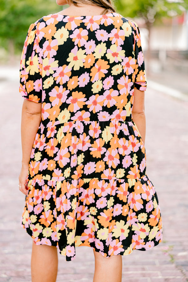 Chic Soul plus size clothing, black short sleeve shallow v-neck partial button-up babydoll dress with orange and pink floral pattern
