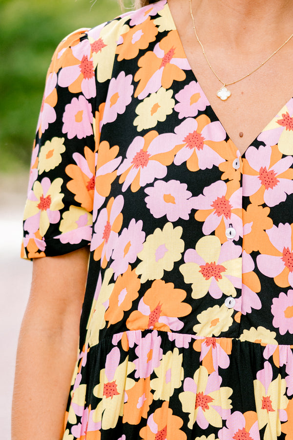 Chic Soul plus size clothing, black short sleeve shallow v-neck partial button-up babydoll dress with orange and pink floral pattern