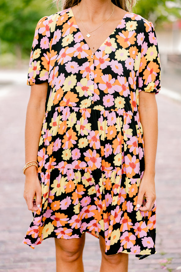 Chic Soul plus size clothing, black short sleeve shallow v-neck partial button-up babydoll dress with orange and pink floral pattern