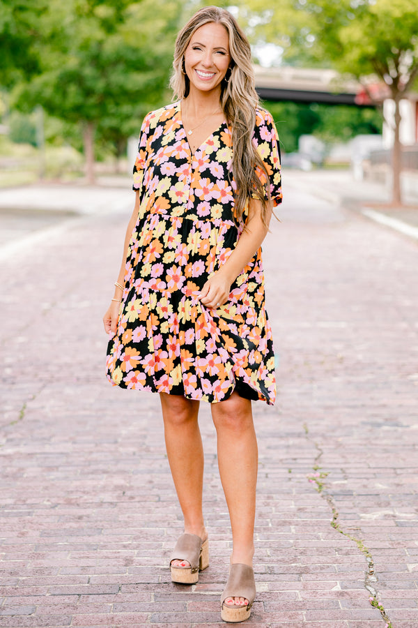 Chic Soul plus size clothing, black short sleeve shallow v-neck partial button-up babydoll dress with orange and pink floral pattern