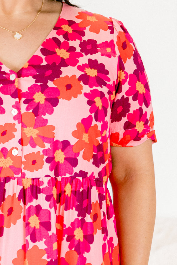 Chic Soul plus size clothing, light pink short sleeve v-neck babydoll dress with hot pink and orange floral pattern and three top buttons