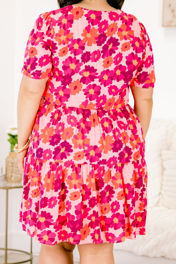 Chic Soul plus size clothing, light pink short sleeve v-neck babydoll dress with hot pink and orange floral pattern and three top buttons