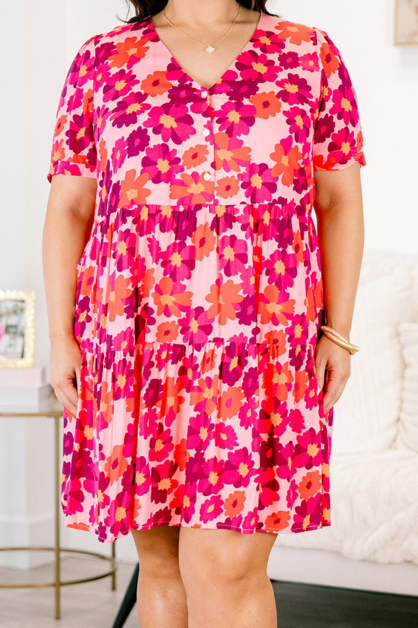 Chic Soul plus size clothing, light pink short sleeve v-neck babydoll dress with hot pink and orange floral pattern and three top buttons
