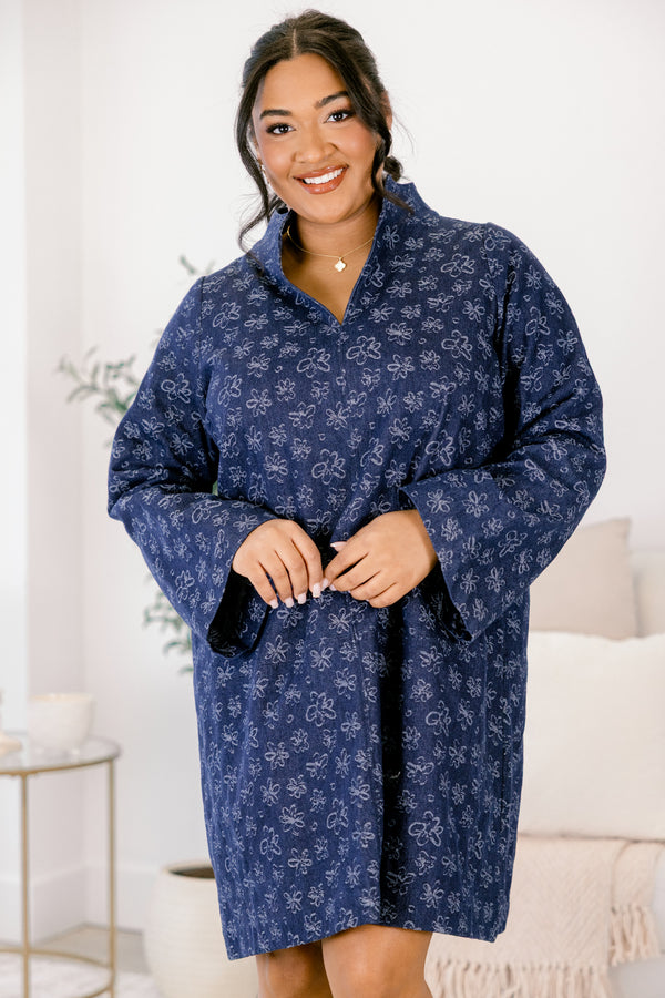 Chic Soul plus size clothing, navy long sleeve straight cut shift dress with v neck cutout and collar