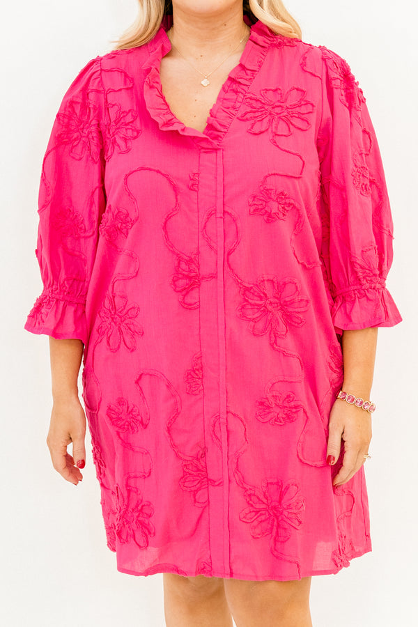 Chic Soul plus size clothing, hot pink mid sleeve short dress with cinched sleeves, frill collar, and embroidered floral pattern